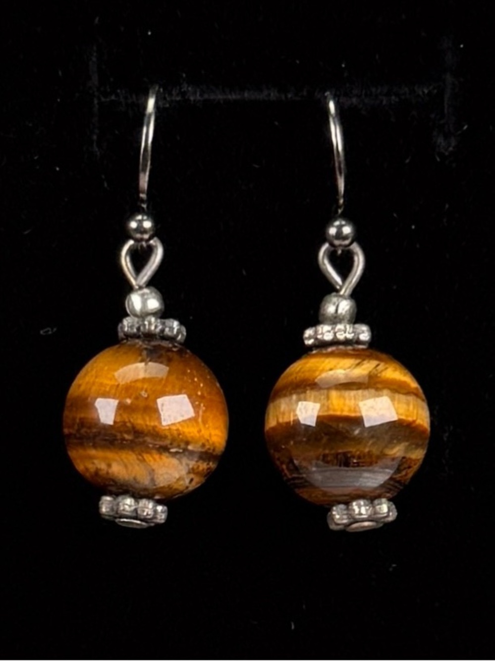 Vintage Brown Banded Round Bead Silver Tone Pierced Earrings